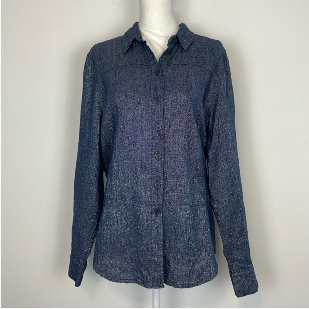 FLAX Metallic McQueen Linen Blend Button Up Shirt/ Shacket Blue. Size Medium.